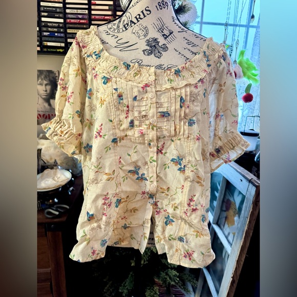 Anthropologie Cream Floral Ruffle Blouse - Picture 10 of 15